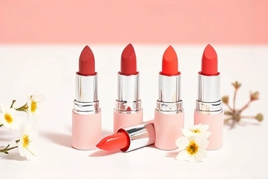 Collection of five coral lipstick shades, minimalist arrangement