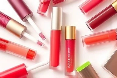 Vibrant lip glosses in fruit colors, arranged artistically.