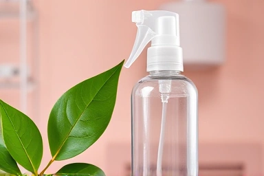 Stylized shot of antiperspirant spray bottle and green leaf.