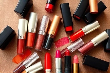 Lipstick collection with warm tones and artistic swatches.