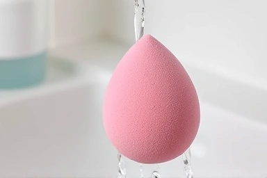 Makeup sponge absorbing water, dewy glow effect.