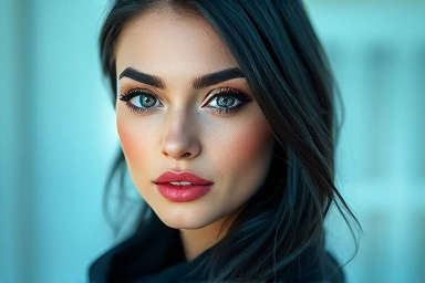 Winter cool-toned woman with ash black hair, looking radiant.