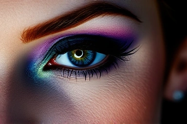 Deep jewel-toned eyeshadow on a woman's eye, winter cool tone makeup