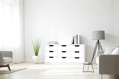 Modern 5-drawer chest in a spacious-feeling room.