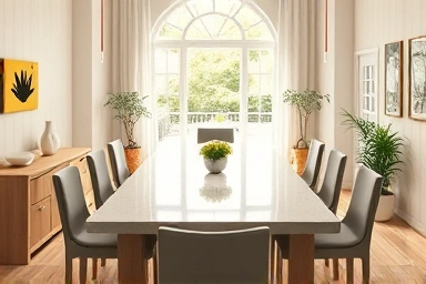 Elegant 6-person ceramic dining table in a sunlit dining room.