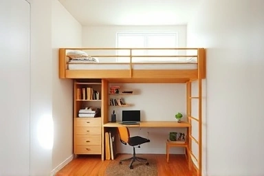 Adult bunk bed maximizing small studio apartment space with home office below.
