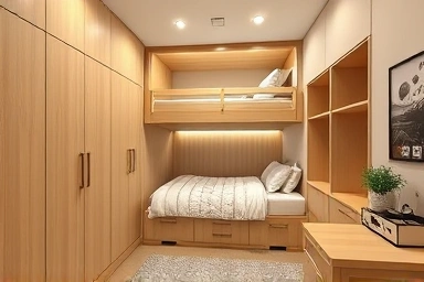 Compact bedroom with adult bunk bed and integrated wardrobe for efficient storage.