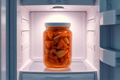 Organized refrigerator with fresh aged kimchi in a glass container.