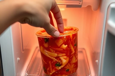 Hand placing aged kimchi container into a kimchi refrigerator.