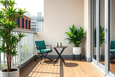 Modern balcony with wood-effect deck tiles, coffee table, and plants.