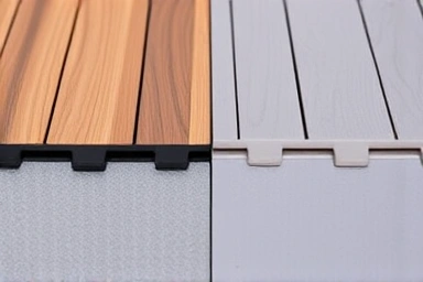 Close-up of interlocking balcony deck tiles, showing WPC and PP textures.