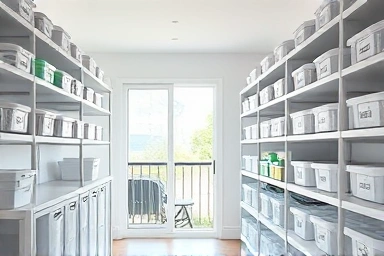 Organized balcony storage with labeled containers and natural light.