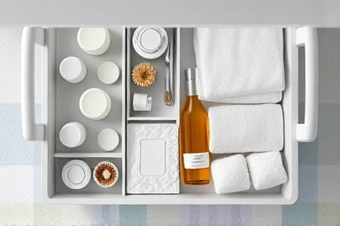 Neatly arranged bathroom items in a slim gap storage cart