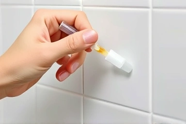 Applying odorless gel to bathroom silicone for mold removal.