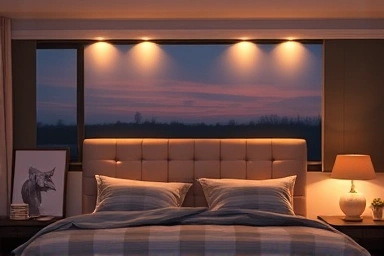 Cozy bedroom with warm indirect LED headboard lighting.