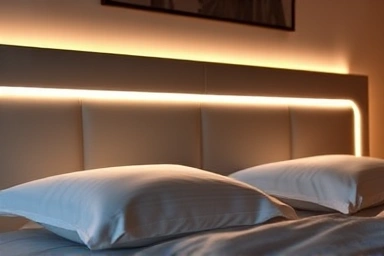 Elegant bed headboard with integrated indirect LED lighting.