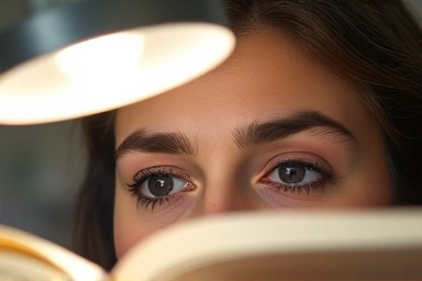 Relaxed eyes reading under soft, diffused lamp light