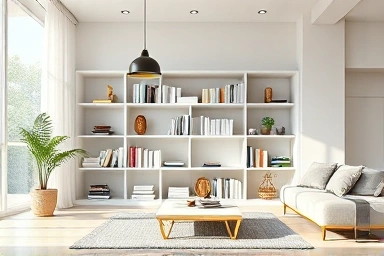 Organized bookshelf in a bright, spacious living room.