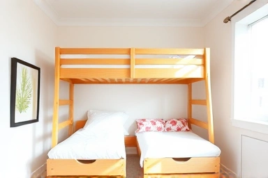 Child's bedroom with separated bunk beds, maximizing space.
