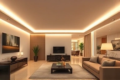 Modern living room with seamless linear COB lighting.
