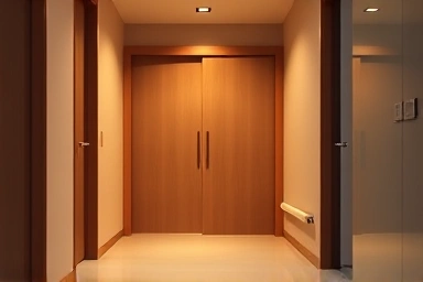 Modern apartment corridor with a closed sliding door, symbolizing peace and privacy.