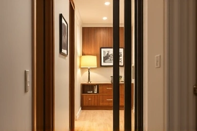 Close-up of an elegant ultra-slim frame sliding door in an apartment hallway.