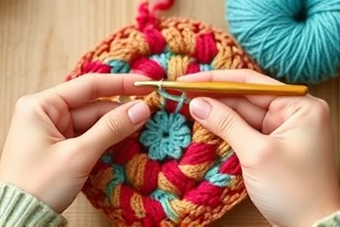 Hands crocheting a colorful pot holder with yarn and hook.