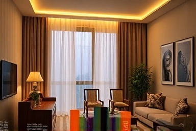 Cozy living room with warm indirect curtain box lighting.