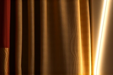 Close-up of curtain box with integrated warm LED lighting.