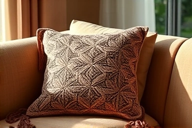 Handmade cushion cover in a cozy living room setting.