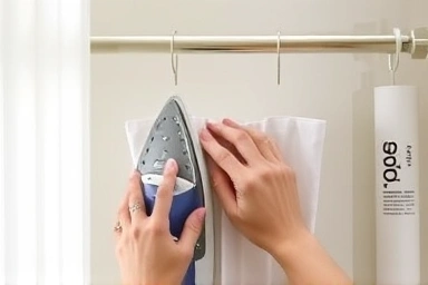 Hands using iron-on tape for no-sew curtain