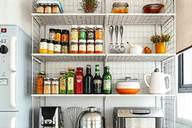 DIY kitchen shelves, Daiso net panels, kitchen organization, space saving