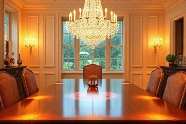 Elegant dining room with a crystal chandelier.