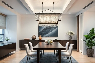 Modern dining room with a minimalist chandelier.