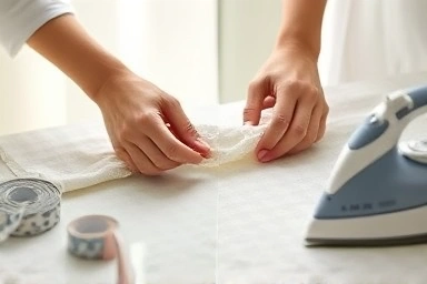 Hands crafting no-sew curtains with fabric tape and iron.
