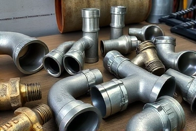 Industrial pipe fittings and plumbing parts arranged for DIY project.
