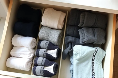 Organized drawer with honeycomb dividers for socks and underwear.