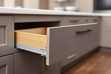 Undermount drawer slide in a modern kitchen cabinet, demonstrating smooth operation.