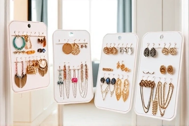 Stylish earring organizers showcasing jewelry in a chic dressing room.