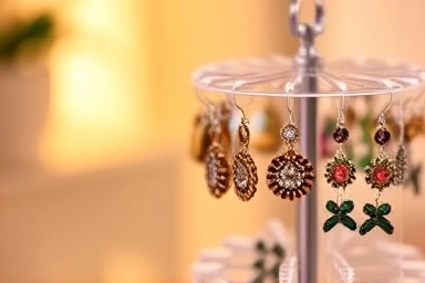 Hand selecting earrings from a clear, rotating organizer.