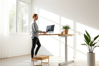 Modern home office with ergonomic electric standing desk.