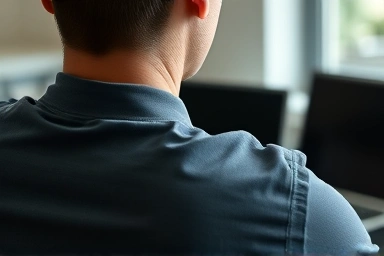 Person with poor posture at a desk, highlighting neck strain.