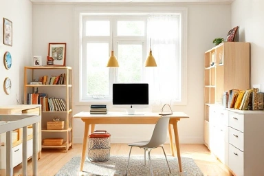 Child studying at a spacious desk in a bright room.