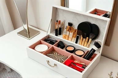 Artistic accessory storage box on a vanity table