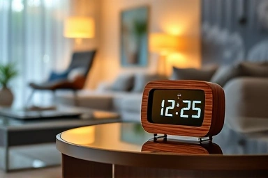 Modern living room with a minimalist wooden desk clock.