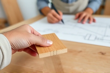 Craftsman choosing wood for custom entryway bench, focus on quality.
