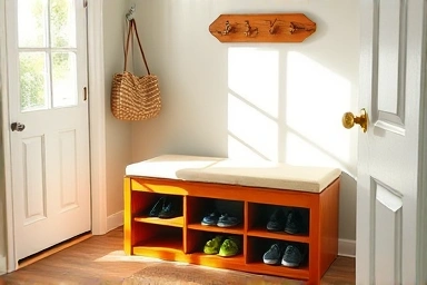 Cozy entryway with custom wooden storage bench and organized shoes.
