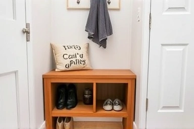 Slim DIY storage bench in a narrow entryway, showcasing space-saving design.