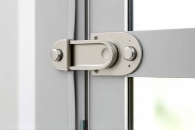 Close-up of durable swing door hinge mechanism