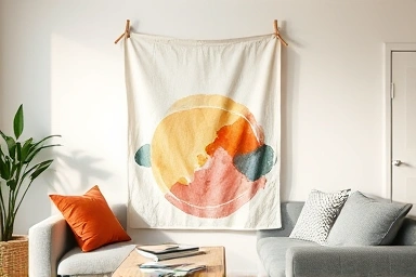 Handmade fabric poster art in a cozy living room.